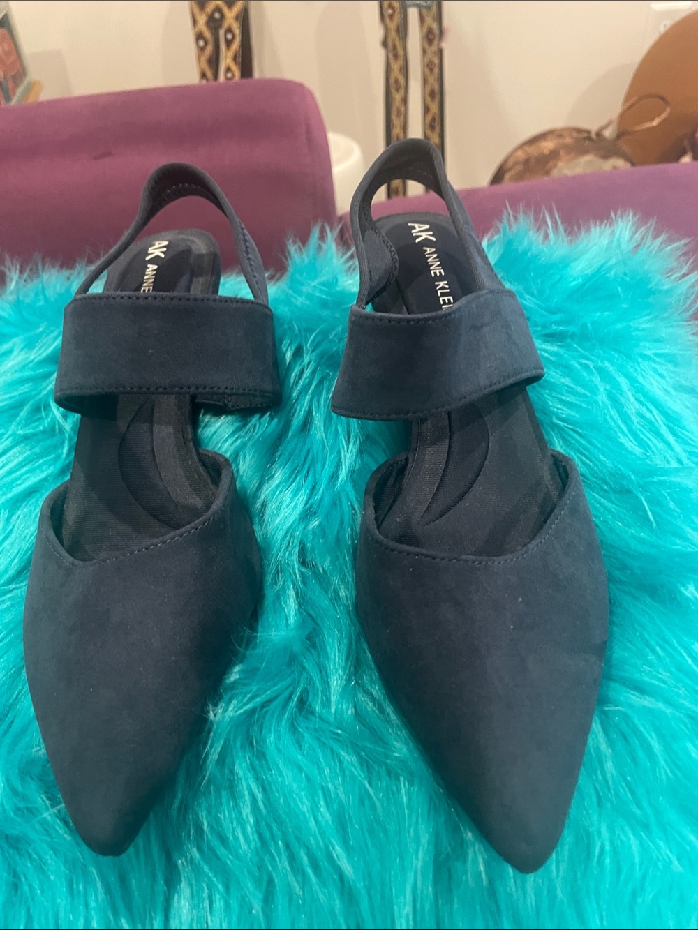 Anne Klein Dark Navy Pointed Slingback Kitten heels with Ankle Strap